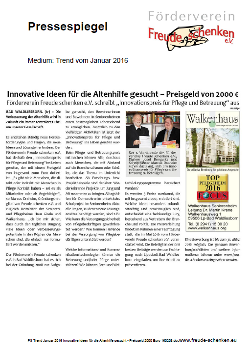 Innovative Ideen für die Altenhilfe gesucht - Preisgeld 2000 Euro