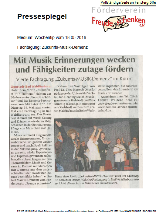 Mit Musik Erinnerungen wecken und Fhigkeiten zutage frdern - 4. Fachtagung